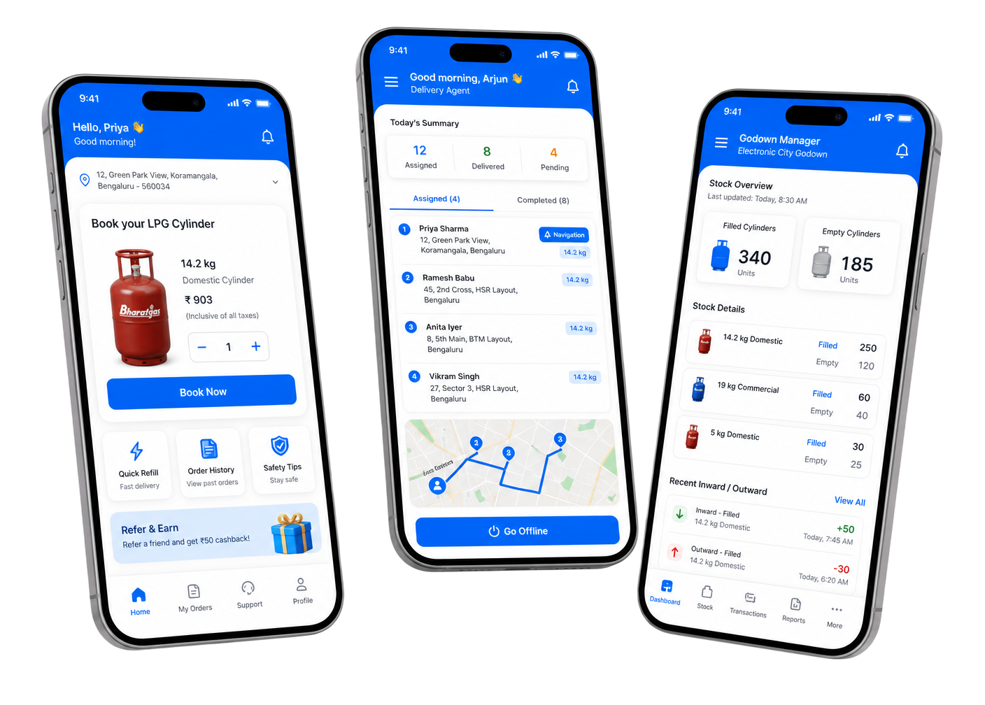 Customer, delivery agent and godown manager mobile apps